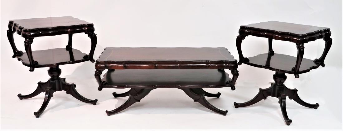 3 Neo Victorian Style Mahogany Tables: 3 Neo Victorian Style Mahogany Tables, includes 2 end tables and one coffee table, each with gold leaf stenciled pattern along top DIMENSIONS: End Tables 29"H x 24" square, Coffee table 19 1/2"H x 24"