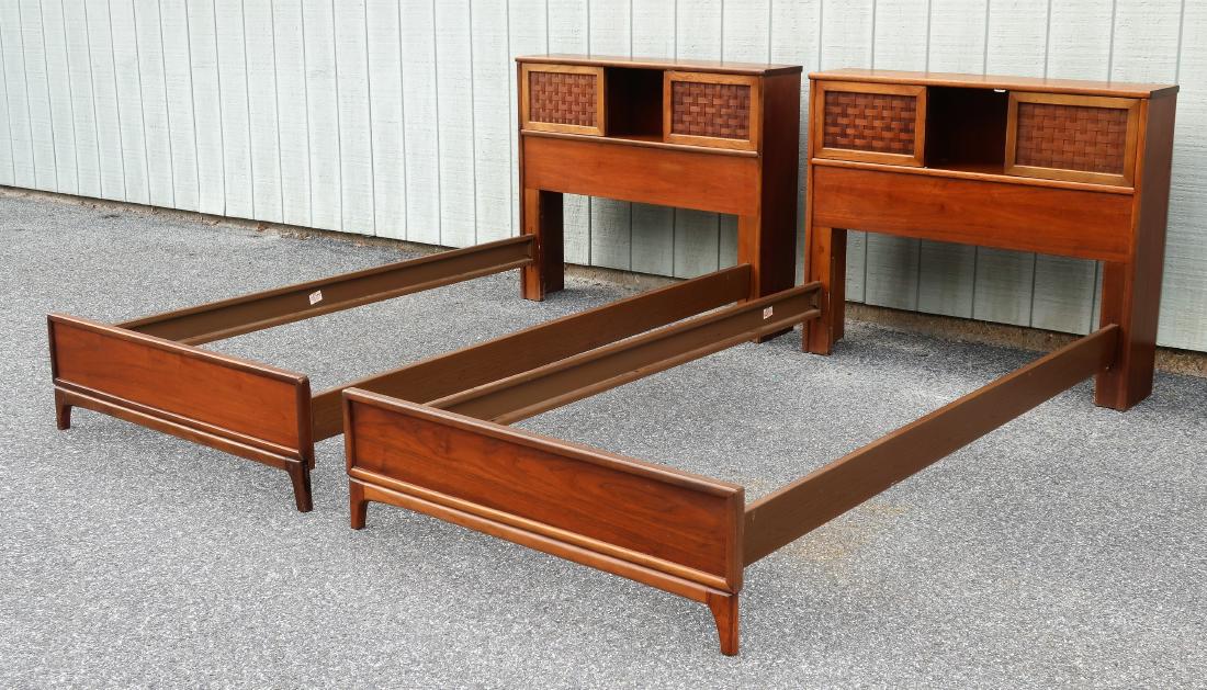 Pr MCM Twin Beds with Storage Headboards: Pr MCM Twin Beds with Sliding Door Storage Headboards, Wood Laminated Metal Side Rails. NOTE: This lot is being re-listed due to non-paying bidder Kamala Acero of New York, New York. DIMENSIONS: 43" W