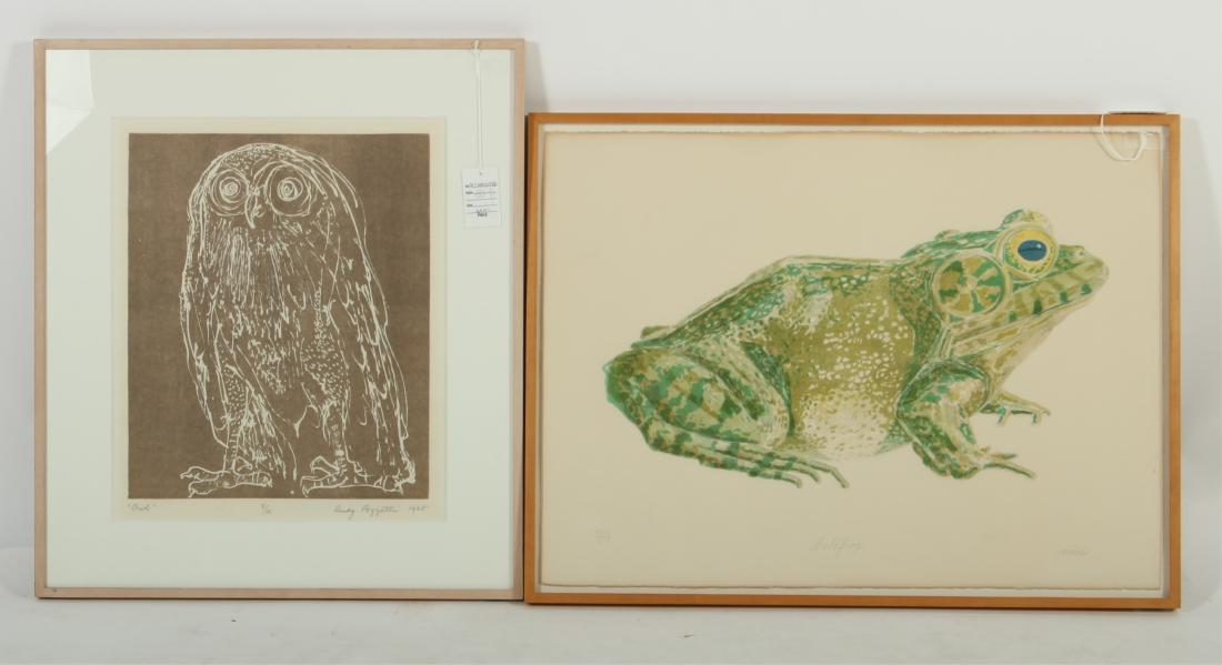 Owl & Frog Lithographs, 20th C., signed: Rudy Pozzatti and Don Nice,Am., 20th C., Owl & Bullfrog, print. Note: Owl, Intaglio, 8/12, signed lower right, 1965 ; Bullfrog, Lithograph, 44/50, signed lower right, 1971 Provenance: 1979, Parasol Pr