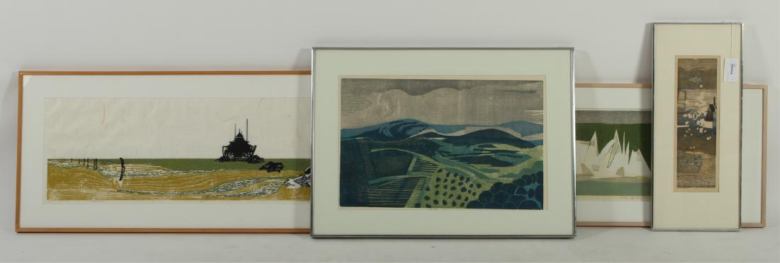 (4) 20th Century Works on Paper: Randi Bull, Ansei Uchima and Paul Shaub, 20th C. Eur./Am. Artists, 4 works on paper, includes 2 Randi Bull, Norway, 20th C.,"Sails Off Ingaroen", Woodcut, 16/35, signed lower right, 1965 and "Patterns