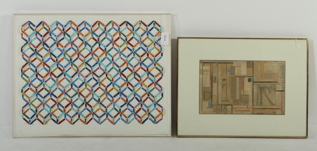 Tony Janetti & Enid Munroe, 2 lithographs: Tony Janetti, Am., 20th C., "3-D Cubes", Lithograph, 38/50, signed lower right, 1977 along with Enid Munroe, Am., 20th C.,Untitled, Collage on Board,SLM,1982, Impressions Gallery, Boston,Mass. DIMENSI