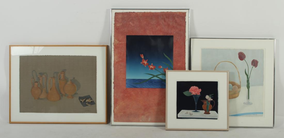 Group of 4 Still Lifes, 20th c.: Enid Munroe, Daniel Goldstein, Joshua Daniel and Antonia Munroe, Am., 20th C. Still Life, various works on paper. Note: Daniel Goldstein: #115 (Red), Collage on handmade paper, signed lower right, 198