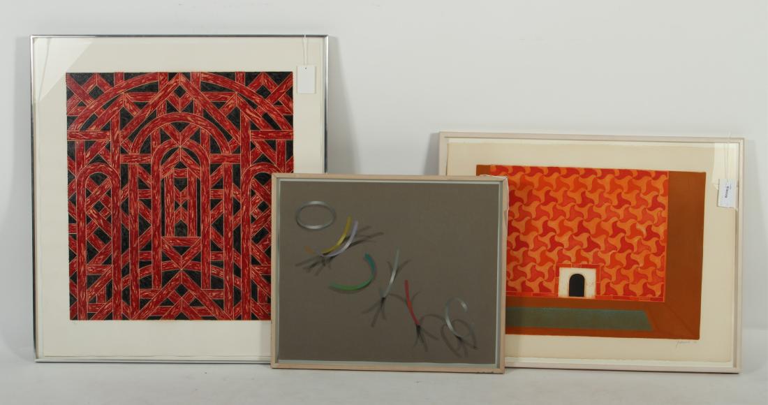 Group of 3 Abstract Works, 20th c.: Manuel Hughes, Am., 20th C.,"Guardians (Ribbons)", pastel and graphite on paper, , signed lower left, 1980 Provenance: 1980; Manuel Hughes, NY, NY; Valerie Jaudon, Am.,20th C., Red & Black, etching an