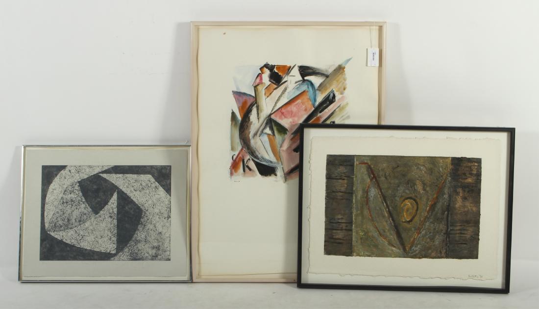 Group of (3) 20th C. Abstracts: Mary Hambleton, Am., 20th C.,Untitled Abstract, monoprint, 1/1, signed lower right, 1986 Provenance: 1988, Pamela Auchincloss Gallery, NY, NY_x000D_ Miklos Pogany, Hun., 20th C., "Cubist Village, wate