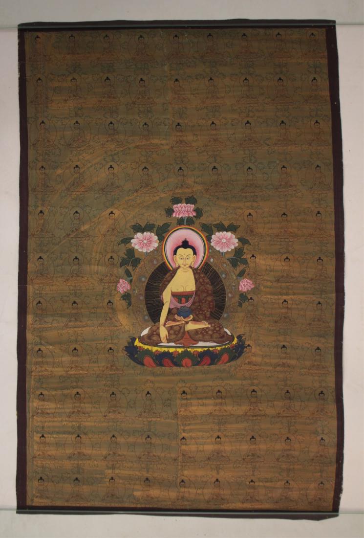 Asian Fabric Tonka, Seated Female: Surrounded by flowers. 28 1/2" H x 19 1/4" W Property from the collection of Arthur & Lillian Weiss, Little Deer Isle, Maine