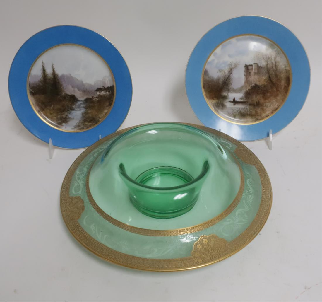 2 Painted Scene Plates &  Green Glass Serving Dish (1 of 2)