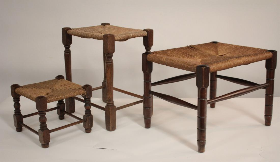 3 Turned Wood and Rush Woven Foot Stools (1 of 3)