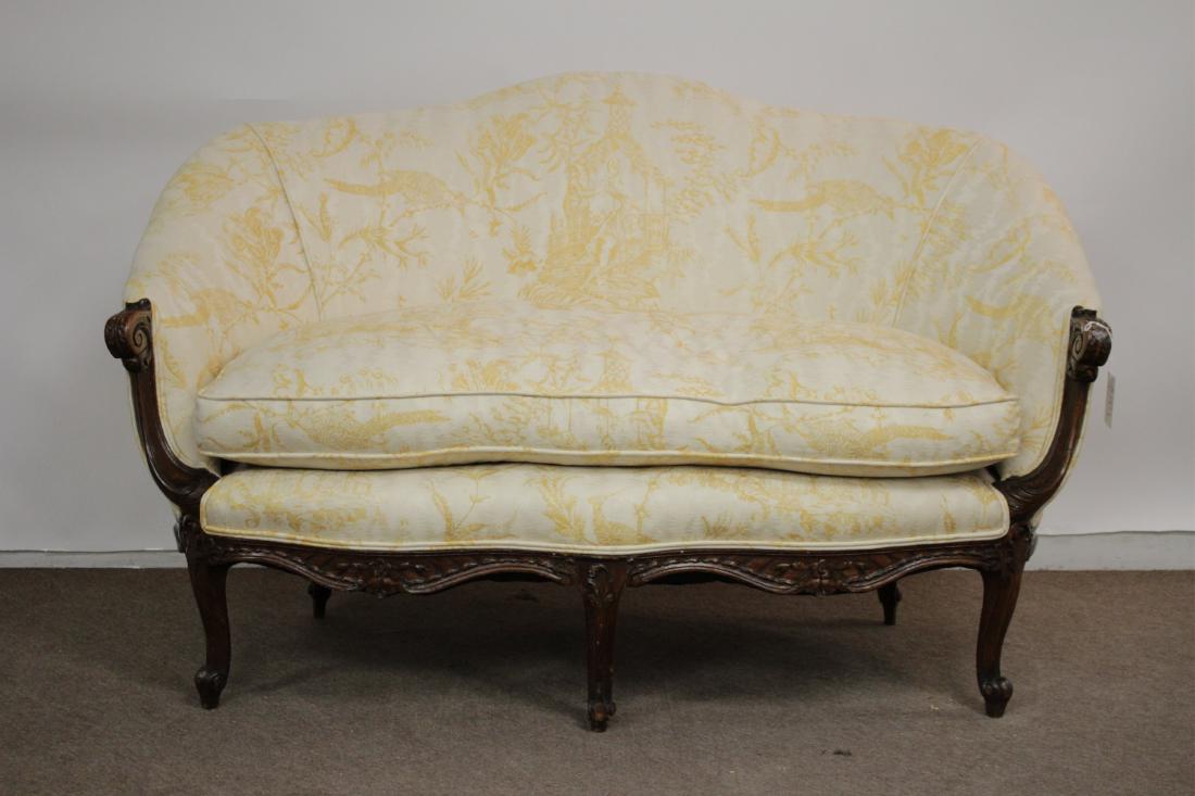 French Provincial Oak Carved Curved Settee (1 of 5)