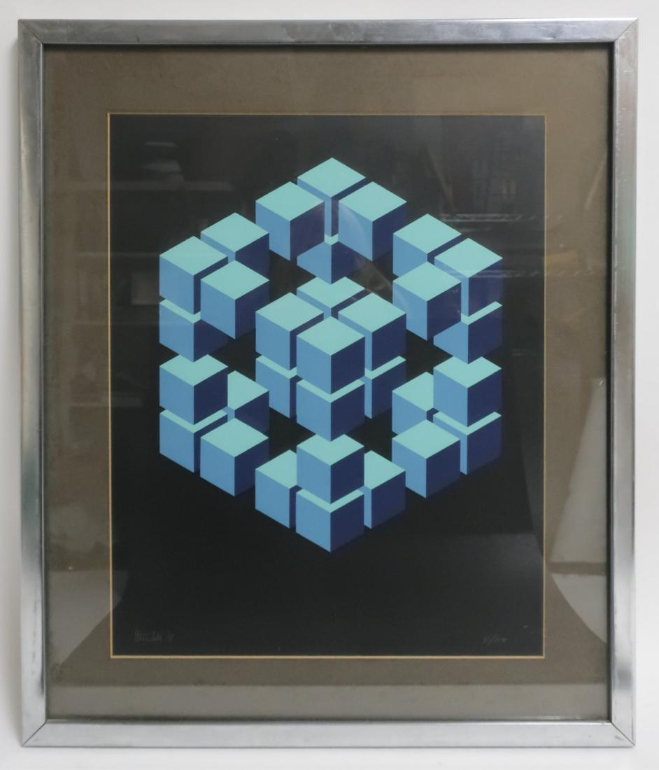 Jose Maria Yturralde, Blue Cube Grid, 1971: Jose Maria Yturralde, Spanish, born 1942. Blue cube grid serigraph, 1971. Signed lower left, numbered 41/125 lower right. 15" x 19" Framed: 21" x 25"