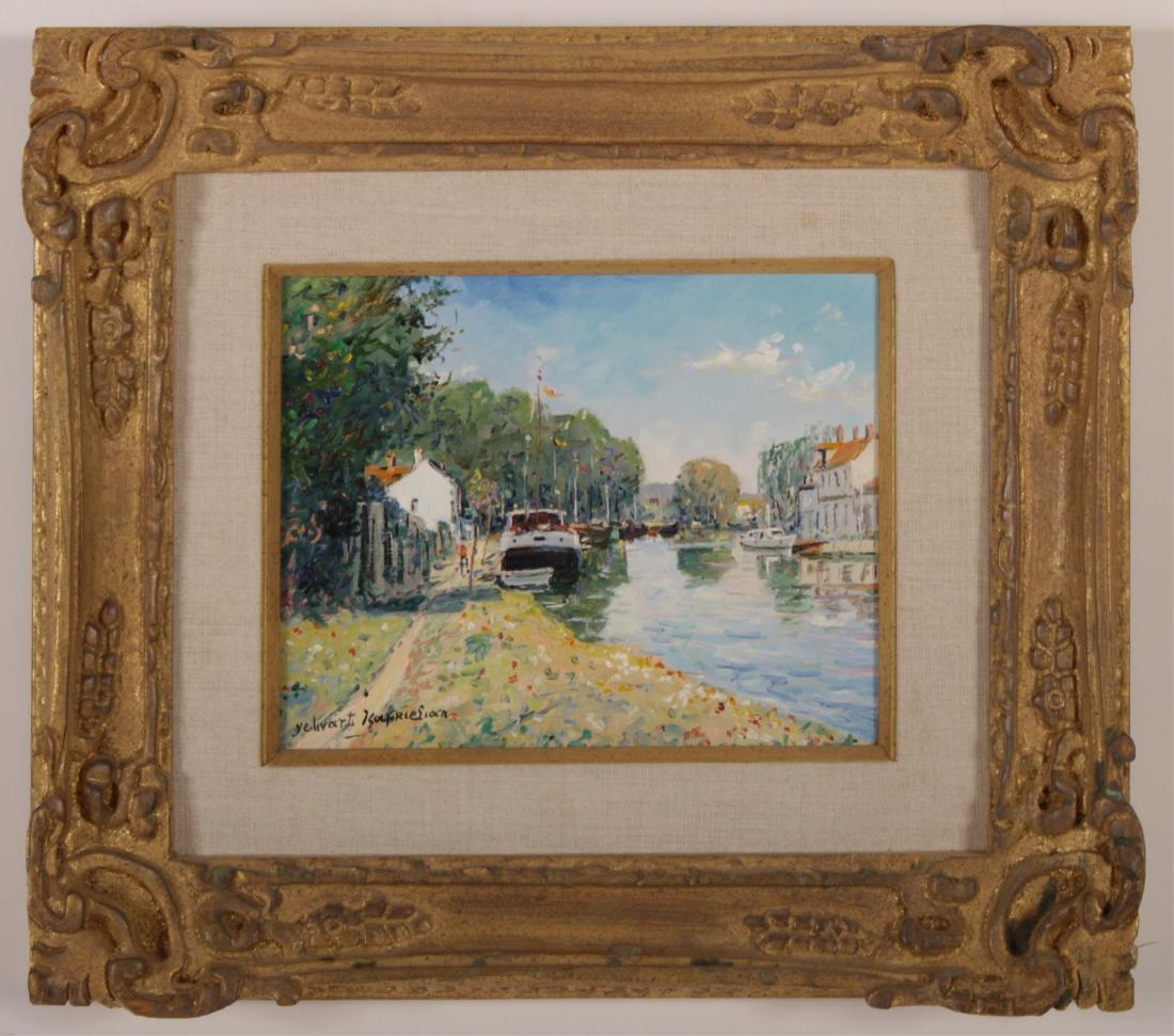 Yetuart Kaprielian Fr, b.1959, Loing Riverside O/C: Yetuart Kaprielian French, b.1959, Moret S/Loing Riverside Scene, oil on canvas, signed, titled, signed and stenciled verso. PROVENANCE: Saddle River Gallery, NJ 8x10, framed 14x18