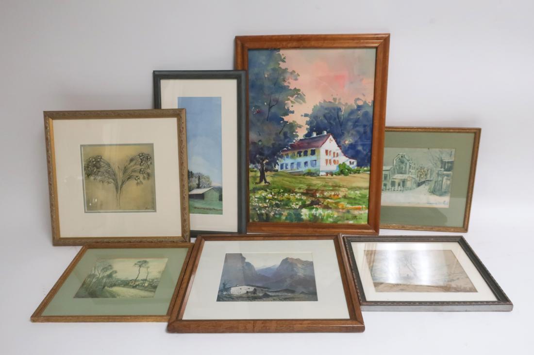 Grp. of 7 Artworks, Vin Rosa and others: Group of 7 Artworks, includes some prints by European artists and watercolors by local artists Vin Rosa and G Getsinger, nicely framed some oak,giltwood and birdseye maple Varies from 11 1/2 x 12 1/2 