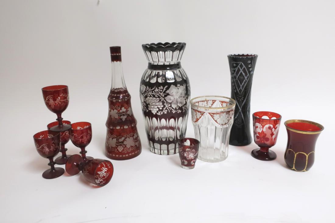 Bohemian Glass Lot: 3 vases, decanter, 5 stemmed glasses, shot glass, and another glass. Vase with gilt. Vase 13" high