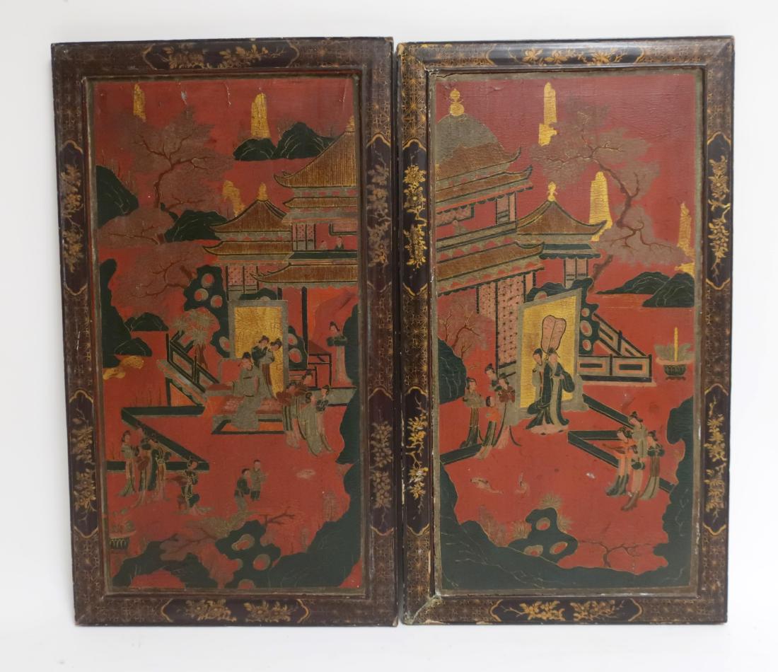 Pair Chinese Lacquered Panels, Maidens in Garden (1 of 6)