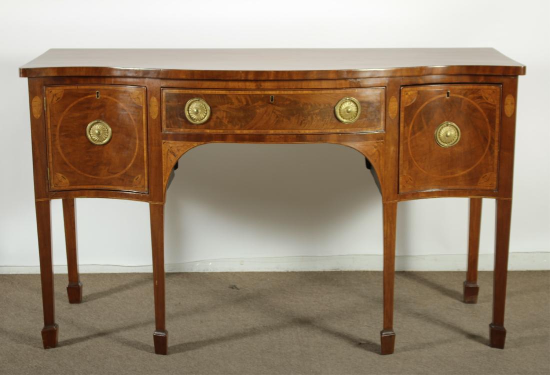 George III Inlaid Mahogany Sideboard: Serpentine front, spade feet. Dimensions: 36 H x 61 L x 22 D (BLYTH6022)(WT)