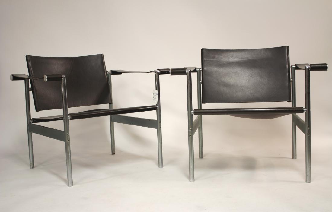 After Le Corbusier, Pair of Steel & Leather Chairs: After Le Corbusier, Pair of Steel/Leather Sling Chairs designed by Interior Designer Jack Dunbar. The chairs were designed for Reynolds Metals HQ, Richmond Va.,1957, Steel and Dark Brown Leather Dimen