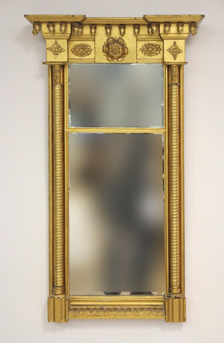 Federal Gilt Framed Mirror: 16 pendant acorns from the breakfast form crest. Dimensions: 40 H x 23 W Property from the Pennell Estate, ‘4 Winds’ in Washington, CT; a family who traces their history in Washington back to the