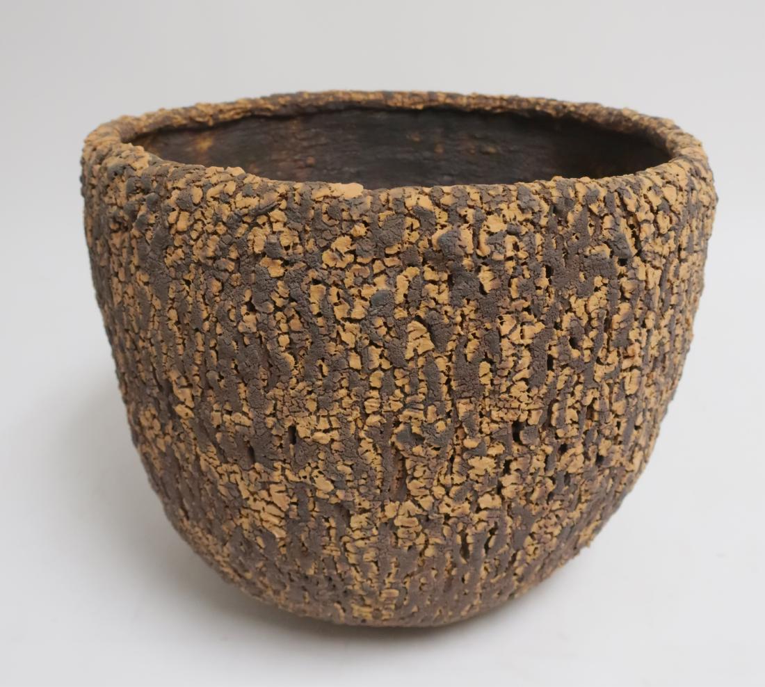 Robert Sieminski Art Pottery Bowl: earthenware with slightly, organically tilted sides; textured, matte surface. Dimensions: 11.5"H x 14D Property from the impressive collection of Arthur & Lillian Weiss, Little Deer Isle, Maine (LDI63