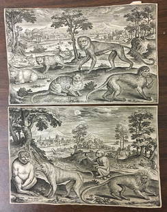 Adrian Collaert Monkeys Felines 2 Late 16th Prints: Adriaen Collaert Flemish 1560-1618 Monkeys and Felines in Landscapes. late 16th c., two engravings on laid paper, probably 1st states. Dimensions: 5" x 7.7", unframed Property descended directly throu