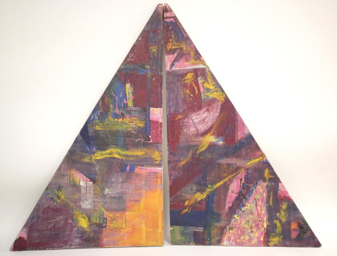 Abstract Expressionist Triangular Diptych: A Midcentury Abstract Expressionist Triangular Diptych, oils on canvases, no signature located, orientation unclear Dimensions: as shown, 38" W, 60" H at peak, long side 71" (MORT6253/2)(TC)