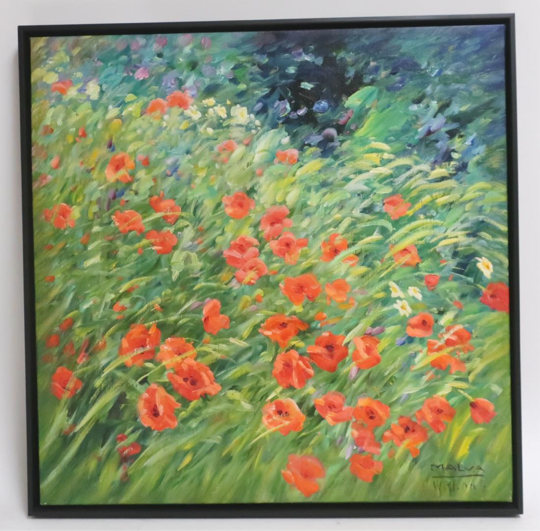 MALVA, Syrian, 20th C., Dancing Poppies, O/C: MALVA , Syrian, 20th C., 1951-2015, Dancing Poppies, O/C Dimensions: 20 x 20, framed 21 x 21 Property from a fourth generation gallery (HEAR6102)(MM)