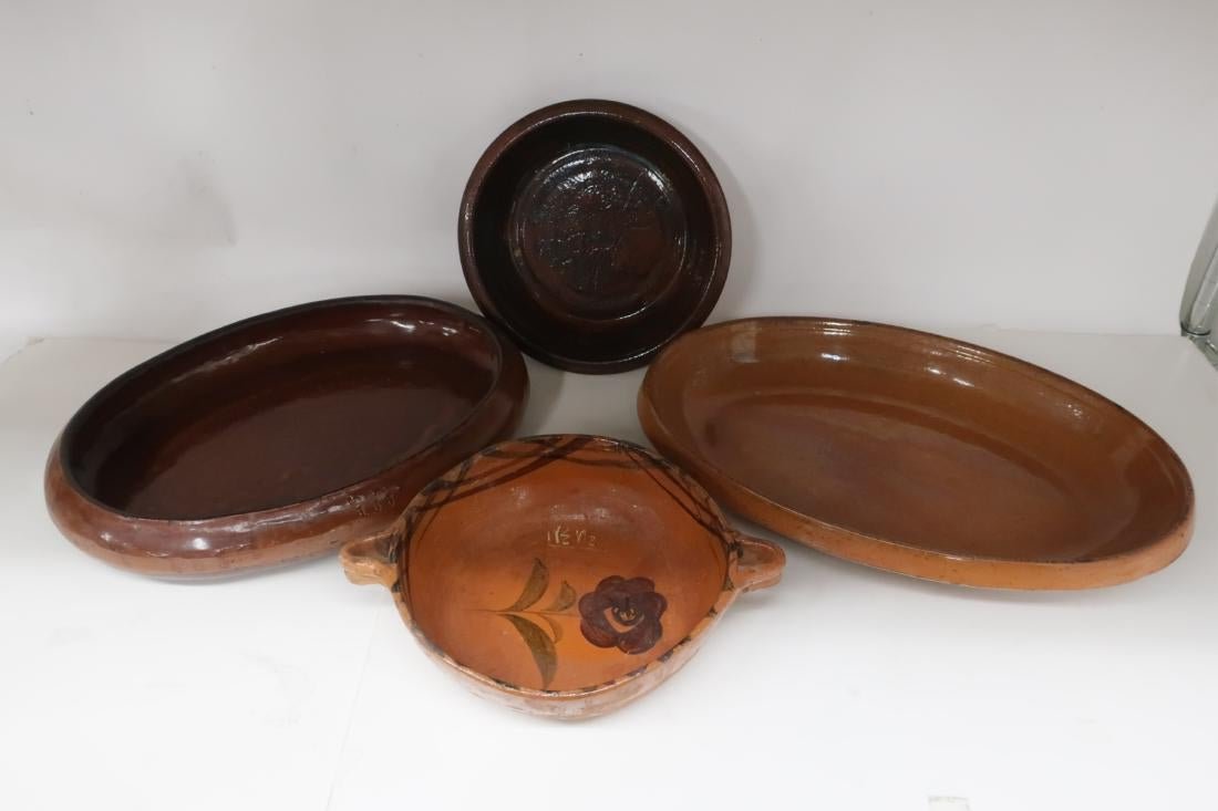 4 Pottery and/or Redware Serving Dishes: 1 G. Wolff, 1 Brown Oven, 1 Basoin/CFF France. Largest 12 x 18" QWIND7012/4 WT