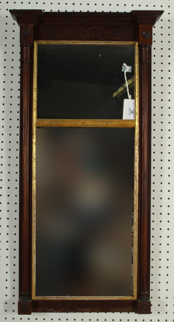 Walnut Mirror: Two section, gilt inner frame, applied scrolling foliage under the cornice 38.5 h by 19.5 w QWIND7038 wt