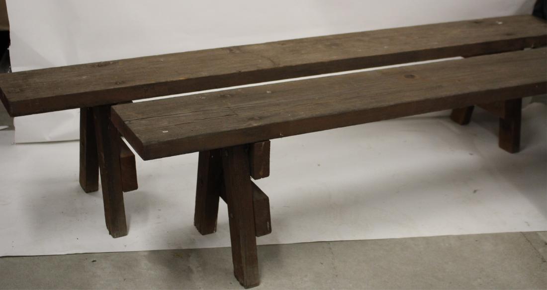 Pair of Picnic Benches: Reddish brown stain. 15.5 h by 72 l by 9 d QWIND7045/2 wt