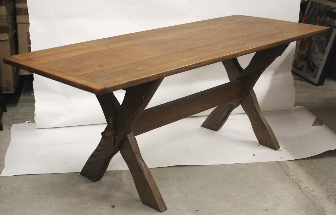 Farm Table: 3-board birch top with bread board ends. X form chestnut supports. 28 h by 70.5 l by 27 d QWIND7047 WT