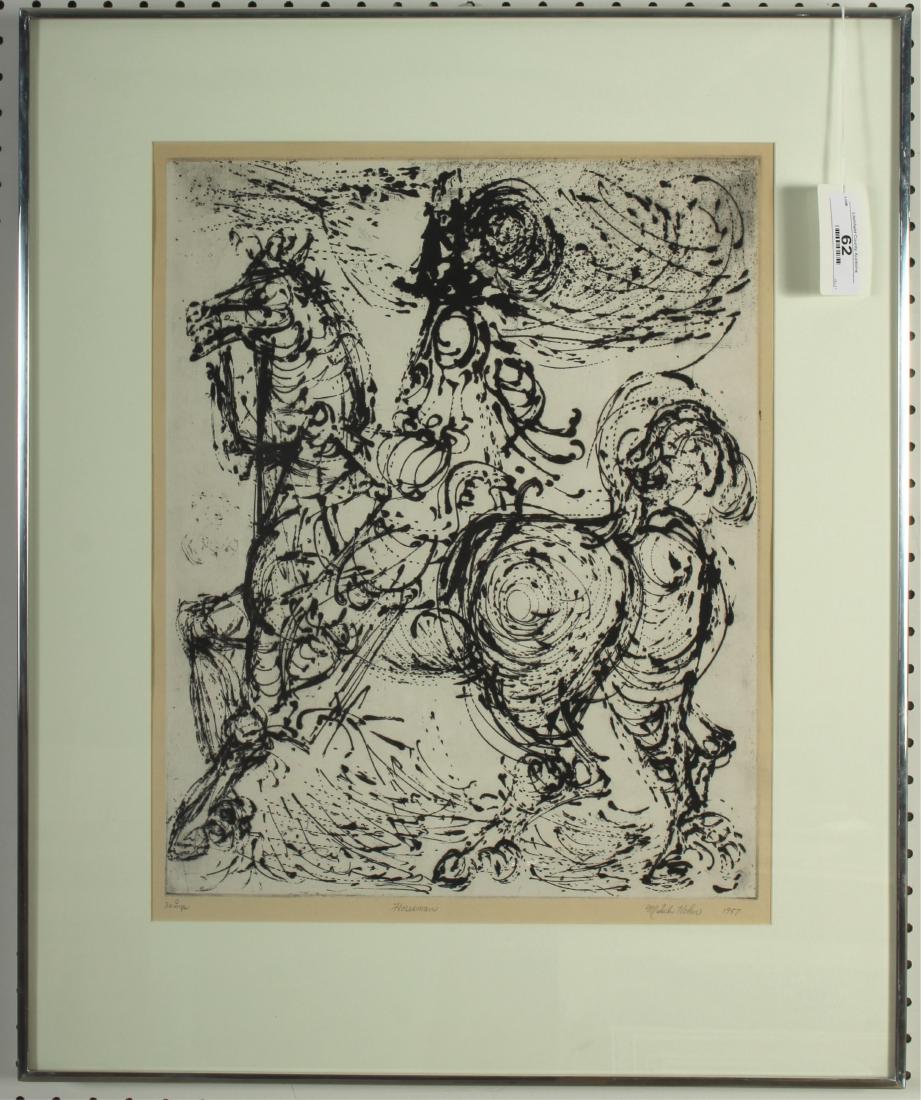 Misch Kohn, Horseman Etching: Misch Kohn (American 1916-2002) Horseman etching. Signed lower right, 1957. Provenance: 1962, The Weyhe Gallery, NY, NY 19.5 x 15.5 Framed: 28.5 x 22.5 MTHM762 MM