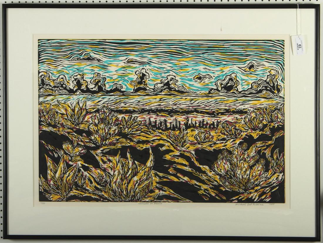 Michael Jed Robbins, Ensuena De Mexico Linocut: Michael Jed Robbins (American B. 1959) Ensuena De Mexico Linocut. Signed lower right, 1989, 13/50. Provenance: 1990, Solo Press, NY, NY 31 x 42 Framed: 34.5 x 46.25 MTHM763 MM
