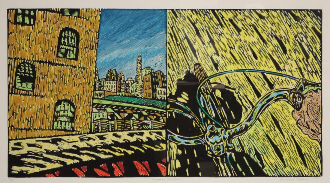 Michael Jed Robbins, Summer Solstice Linocut: Michael Jed Robbins (American B. 1959) Summer Solstice Linocut. Signed lower right, 1984, 2/15. Provenance: 1985, Ellen Sragow, ltd, NY, NY 19.75 x 36.25 Framed: 32.5 x 46.5 MTHM765 MM