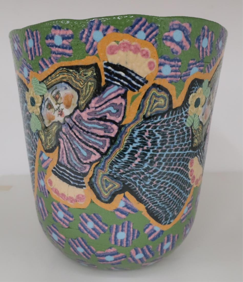 Jane Goslin Peiser Art Pottery Vessel: Face, mosaic clothing, floral motifs, incised around designs, horizontal coiling lines on lower body, dimply interior. Signed bottom. 8.25"H x 8D LDI7094 JP