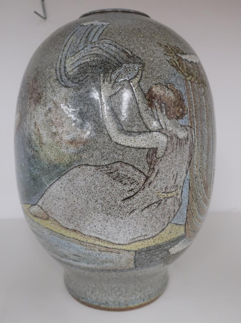 Marian Polonsky (b.1933) "Grecko" Art Pottery Vase: Architectural, figural motifs, narrow raised rim opening. Blues, browns, grays, yellow, white. "GRECKO" in design. 13.5"H x 9D LDI7095 JP