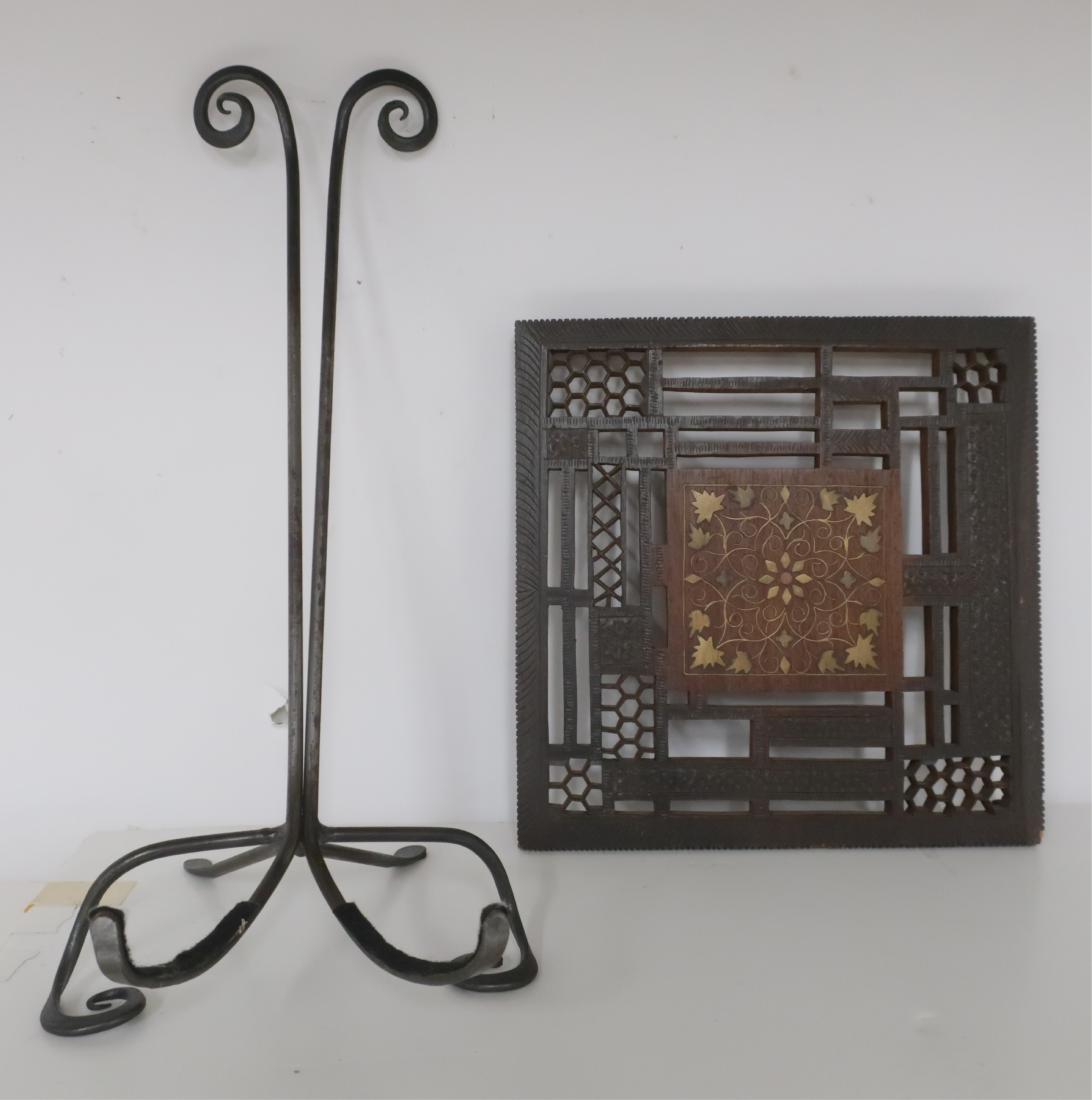 2 Tabletop Stands: Carved Wood & Brass and Easel: Wood trivet platform, carved designs, honeycomb shapes, central design with brass inlay, wood ball feet (India); vertical metal plate stand or easel. curled design top and base feet. platform 10" x 10