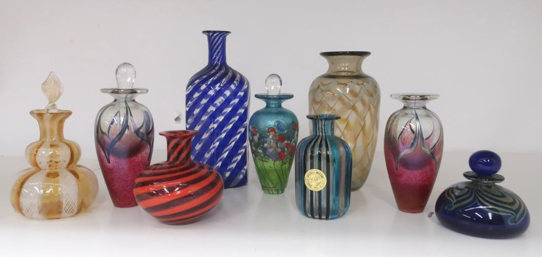 Modern Art Glass Forms: Perfumes, Small Vases: J.P. Gilvey '79 perfume;(2) MoMA R. Held, (Made In Canada), RFAG "77 signed, hand blown, etc. Spiraling and peacock feather styles. 2.75" to 7H CAPS7103/9 JP