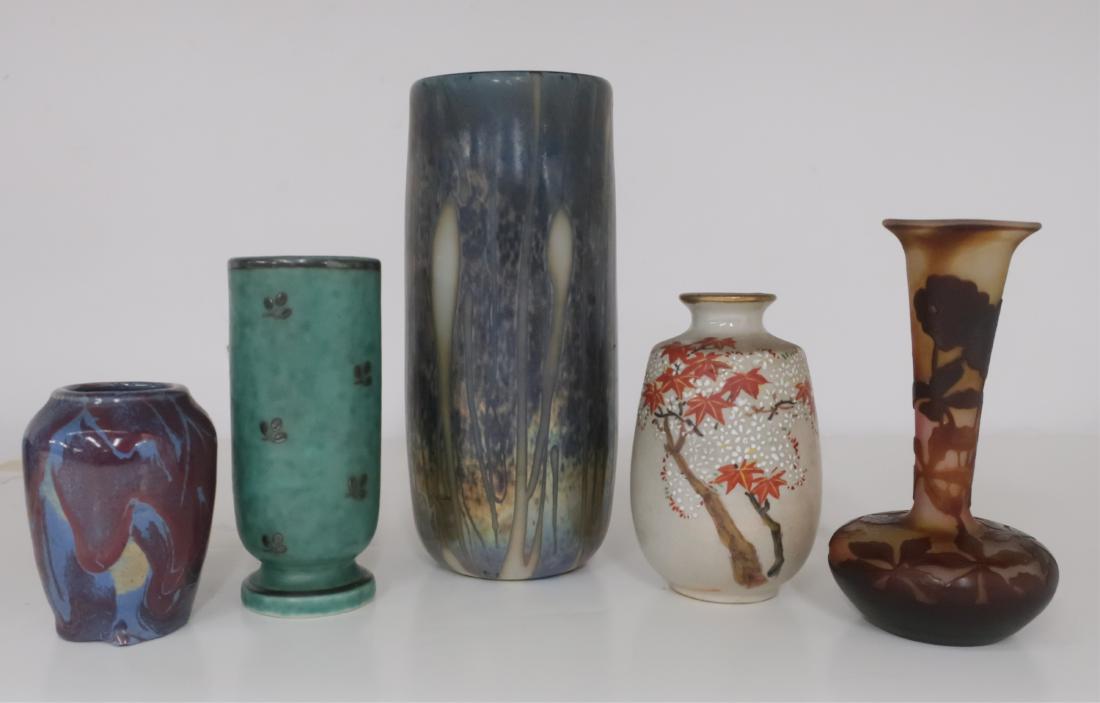 Vintage and Modern Art Glass: Blown glass, feather iridescent vase, signed; Gustavsberg (Sweden) Argenta ceramic and silver vase; Galle (age undetermined) bottle form vase, signed; additionals. 2.5" to 6.25H (Gustavsberg 4H Galle 