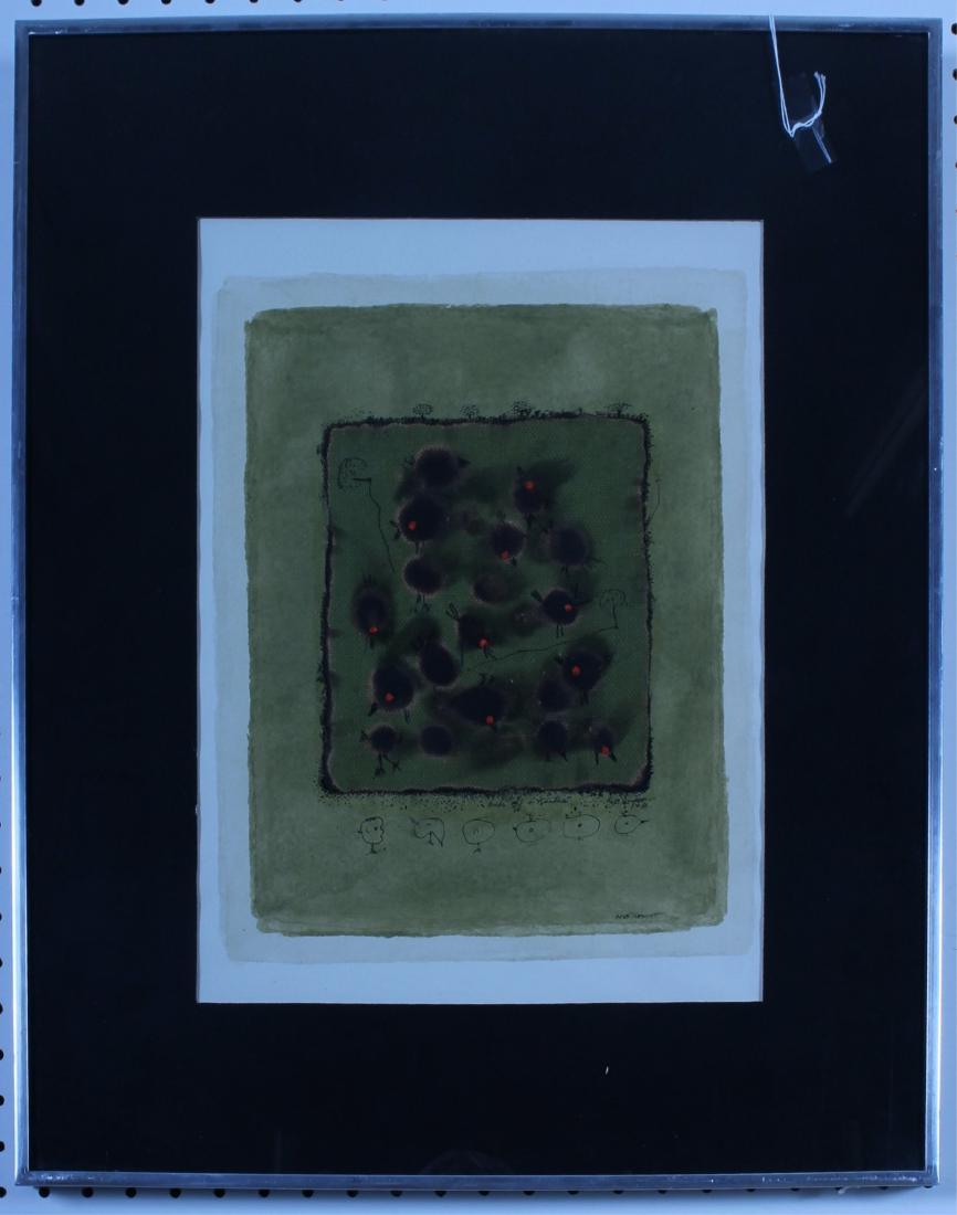 Russ Thompson (b.1922) "Birds Of A Feather" M/M: Acrylic, fabric collage on paper. c. 1968. Signed, titled, dated verso on stretcher. (Thompson part of late 1960s Black Emergency Cultural Coalition.) sight size 6 1/4"H x 12 3/8 framed 24 3/8 x 20 3/