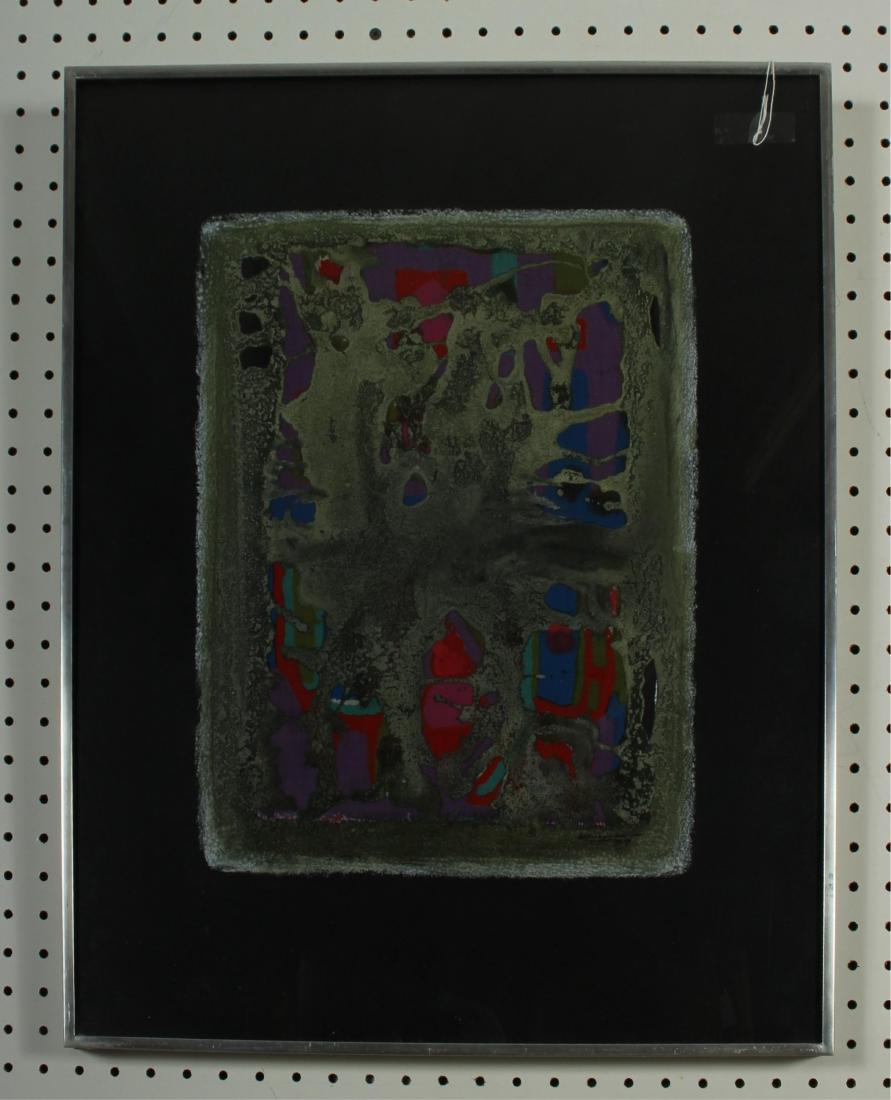 Russ Thompson (b.1922) "Days I Have Known" M/M: Acrylic, collage on black painted Masonite. c.1969 Signed, dated LR. Signed, titled, dated verso on stretcher. image 16 1/4"H x 13 framed 24 3/8 x 20 3/8 LDI7106 JP