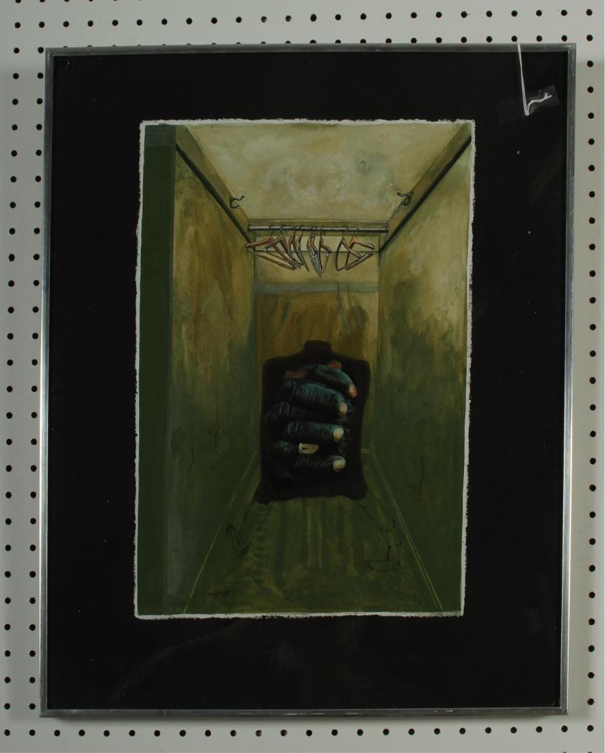 Russ Thompson (b.1922) "Summer-Winter Room" M/M: Acrylic, collage on black painted Masonite. Signed, dated LL. Hand written info. and signed, dated verso on stretcher. image 18" x 12 3/4 framed 24 3/8 x 20 3/8 LDI7107 JP