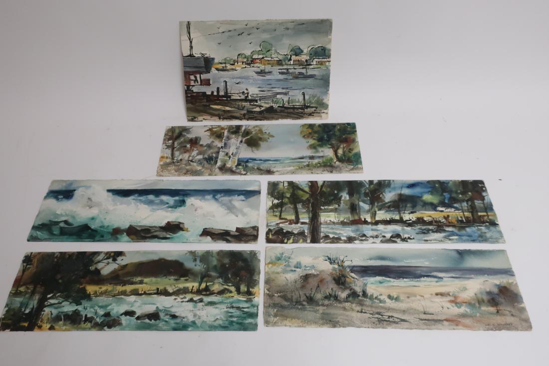 Six Edgar A. Whitney (1891-1987) W/C on Paper: Birches, water views; one in harbor with lobster boats. D'Arches cold press paper. Unframed.All signed in pencil. 5 in horizontal format. 7.5"H x 22.25 to 11 x 16 ESCRO7108/6 JP