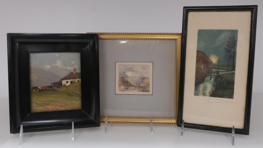 Meindl O/B, Fielding W/C, Augis Color Etching: Albert Meindl (Austrian 1891-1967) rural home, mountains,cattle, figures, signed LL. Copley Fielding mountain landscape with figure, signed LL. Marcel Augis with house, waterfall, moon, pencil signed.