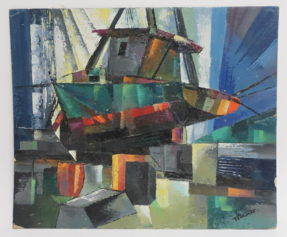 Franz Revesz Ferryman O/B Cubist Style Boat: (Hungarian/American 1893-1983). Oil on canvas artist board. Boat at dock in Cubist, prism shapes. 19.75"H x 24 CAPS7116 JP