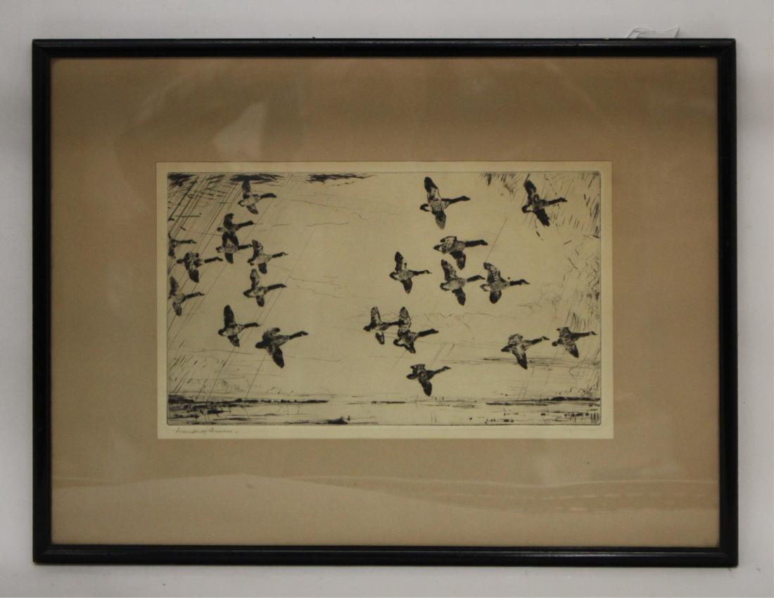 Frank Benson (1862-1951) Etching On Paper: Titled "Over Currituck Marshes" c. 1926. Pencil signed LL. Old gallery label with title verso. V. thin mat, framed. plate 7"H x 11.75 sight 7.5 x 12.25 framed 14 x 19 KINZ7118 JP