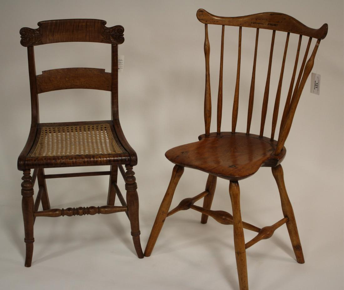 18 C Windsor Chair & 19 C Tiger Maple Chair: 2 Good looking side chairs, 18th c Windsor with saddle seat and a 19th c tiger maple with leaf scroll crest rail. Taller; 36.5 h by 19 w by 19 d by 18 sh QWIND7121/2 WT