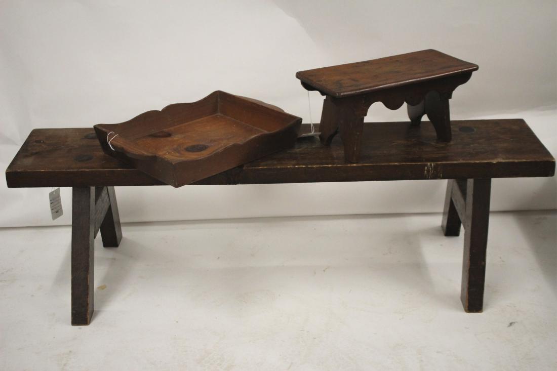 Small Foot Stool, Low Bench, and Tray: Stool with boot jack ends and scalloped frieze. stool; 7 h by 15 l by 7 d. bench; 12 h by 48 l by 10.5 d QWIND7126/3 WT