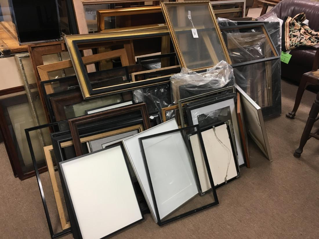 80+ Picture Frames: Vintage, Used, New: probably more than 80 in total, wood, metal, plastic, glazed, no further inquiries as to condition, sizes, styles can be entertained, sold as is, see photos and use your judgement please various sizes