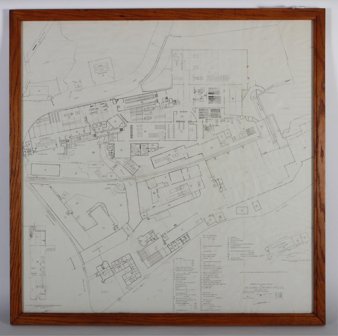 Large Map Gilbert & Bennett Plant, Georgetown CT: Large Cartographical Rendering of the Gilbert & Bennett Manufacturing Company complex c. 1968. framed 34" x 34", under glass,with wooden back, heavy JGLO7160 TC