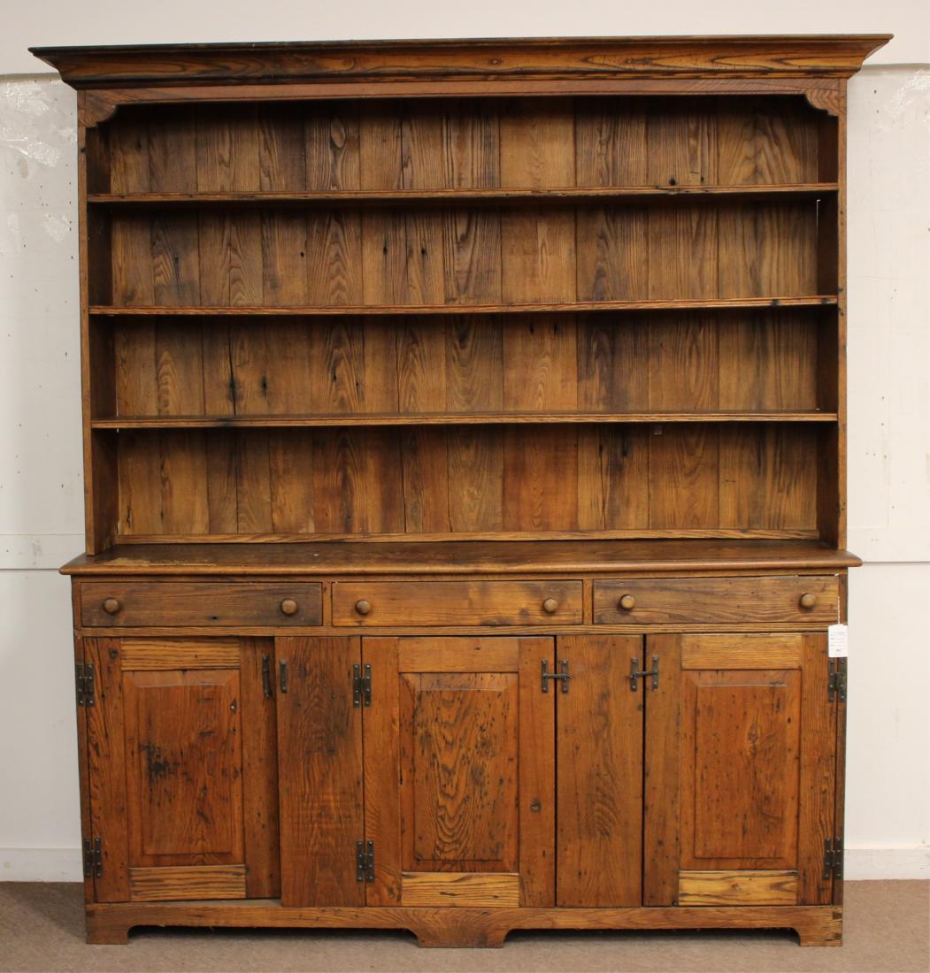 Pine Two Part Country Cabinet Hutch, Bench Made: 84" H overall, 74" W, 16" D - the top alone 79wx14d at cornice, 47" H x10" D x72" W, the base 74" W 16" D, 37" H JFAH7186 TC