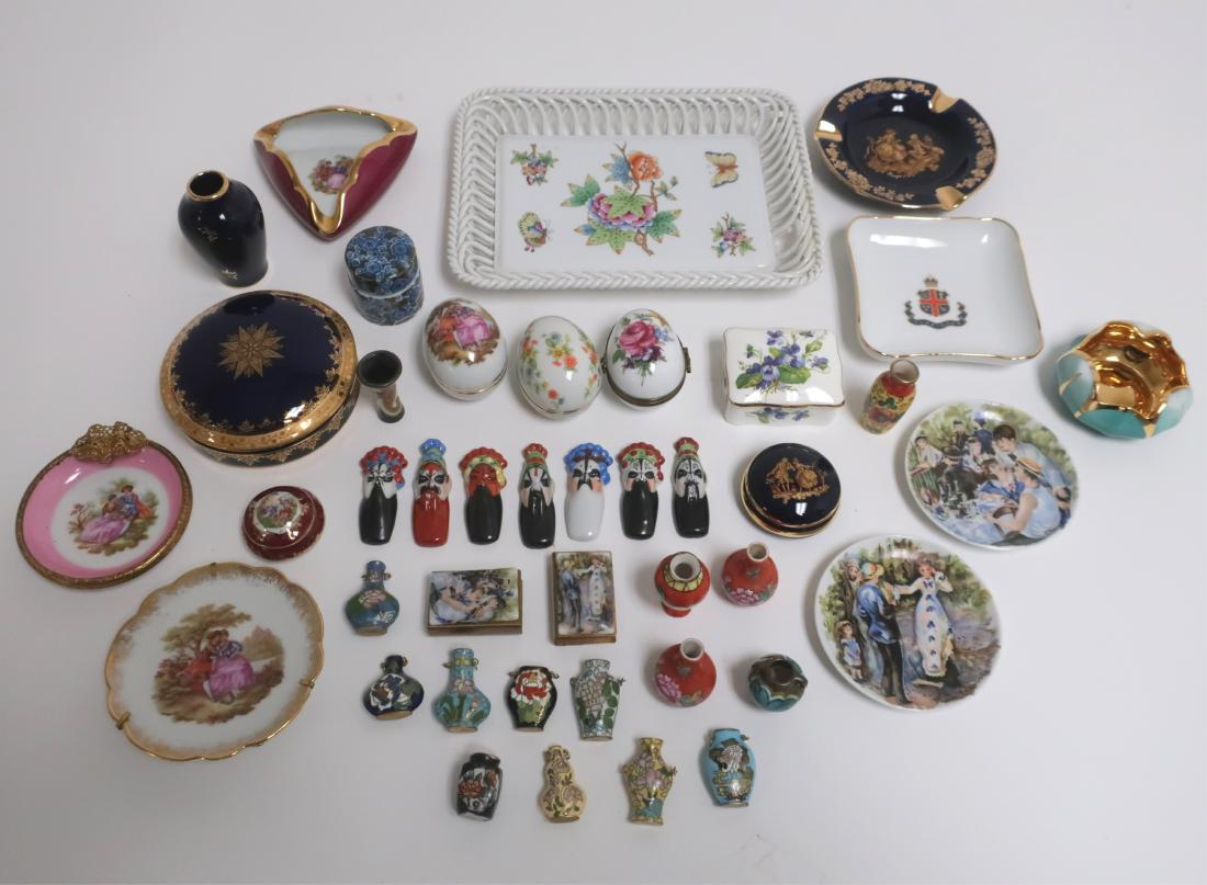 Grp. of European + Asian Porcelains & Miniatures: Group lot of mostly European Porcelain Miniatures, 20th C., includes Limoges, a Herend articulated tray and a few small cloisonee pendants Various ANSO6558/LOT MM