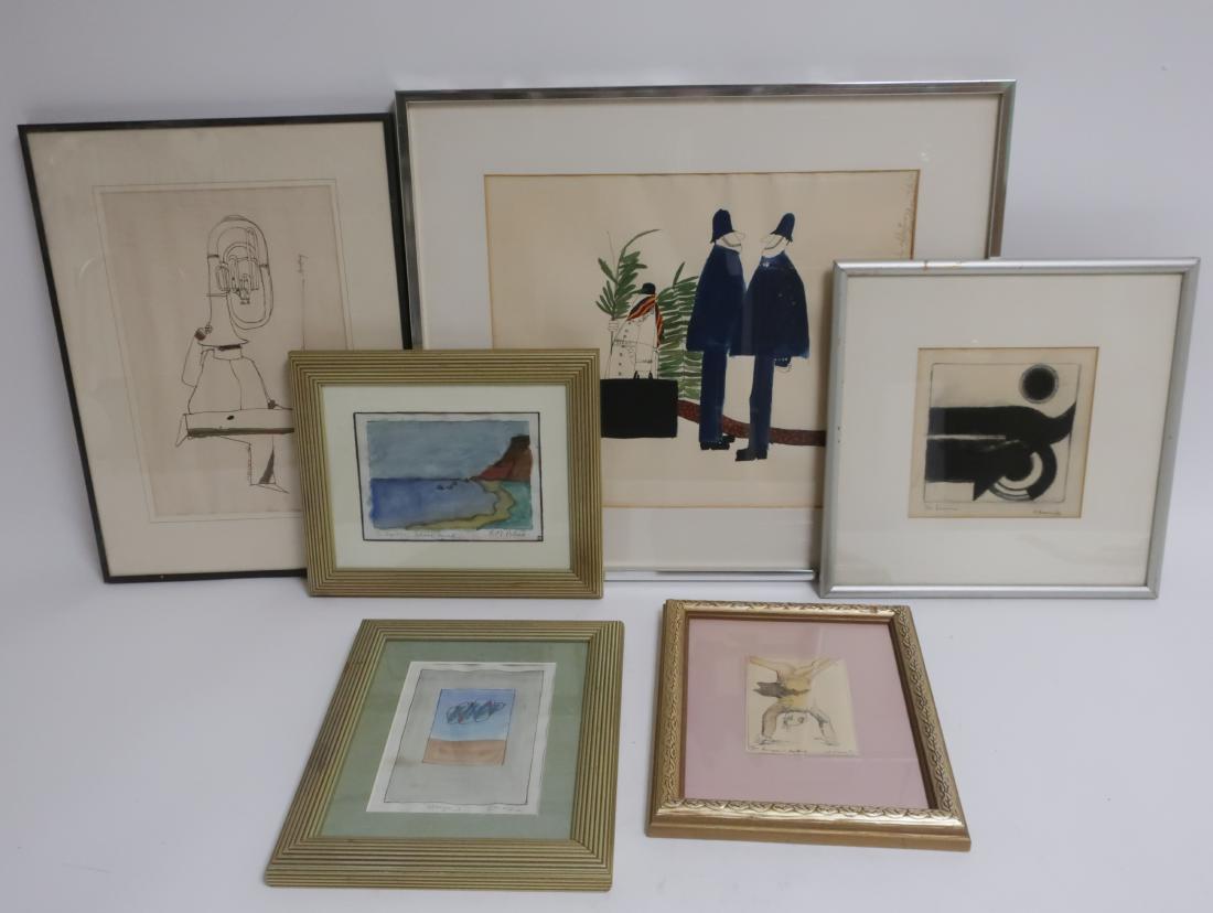 Geoffrey Moss, B.M. Pottier W/C's, Pen/Pencil: W/C, pen and ink, pencil on paper. (4) G. Moss, (2) B.M. Pottier. Five with personal inscriptions; all signed, framed. "Shoreline", "Horizons", Commemorating the First Venture" (B.M.P.) larger 13.25"H